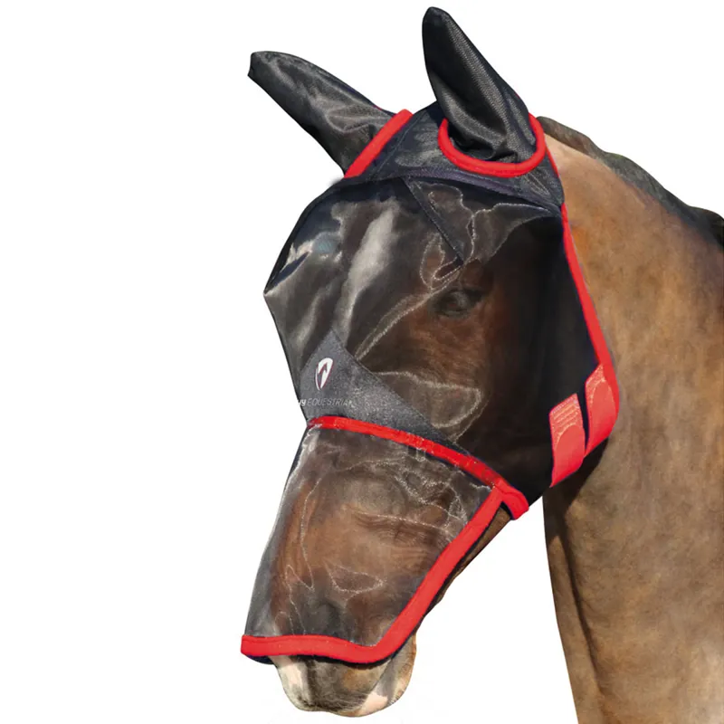 Hy Equestrian Mesh Full Mask with Ears and Nose - Black/Red